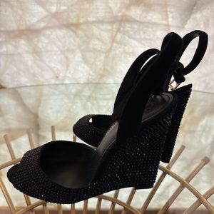 Tory Burch Black suede crystal embellishments wedge sandals size:9.5